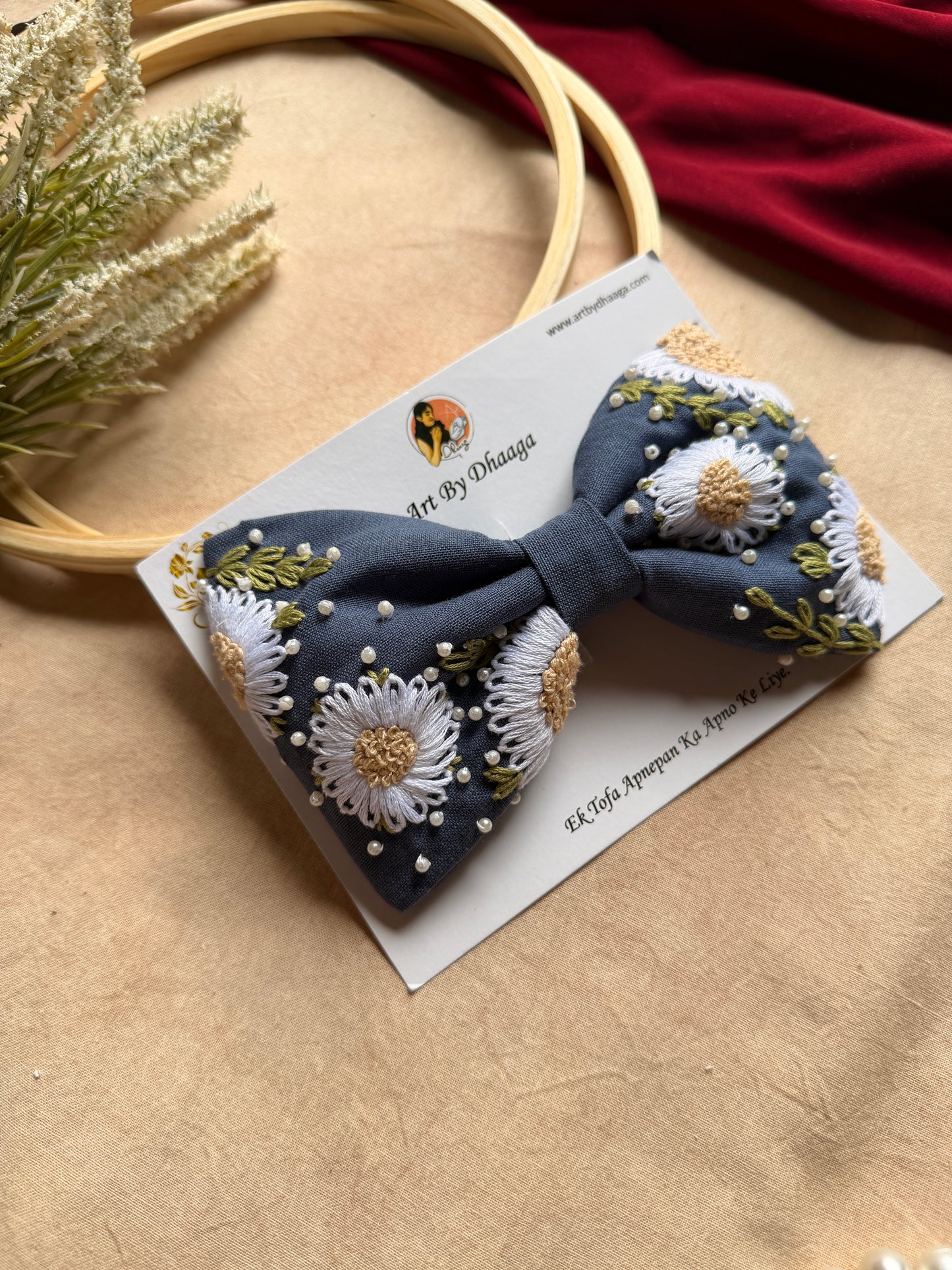 Aarya Denim Hand Embroidered Daisy Bow Hair Clip