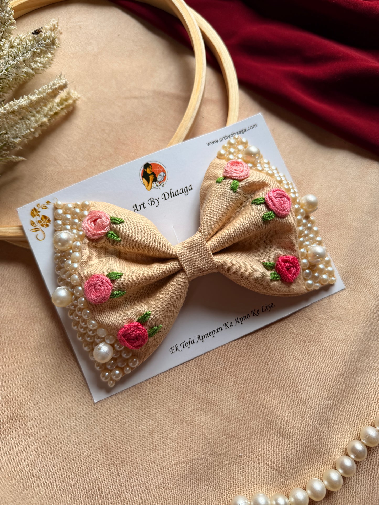 Beige Floral Noor Mini Pearl Bow