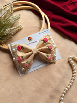 Beige Floral Noor Mini Pearl Bow