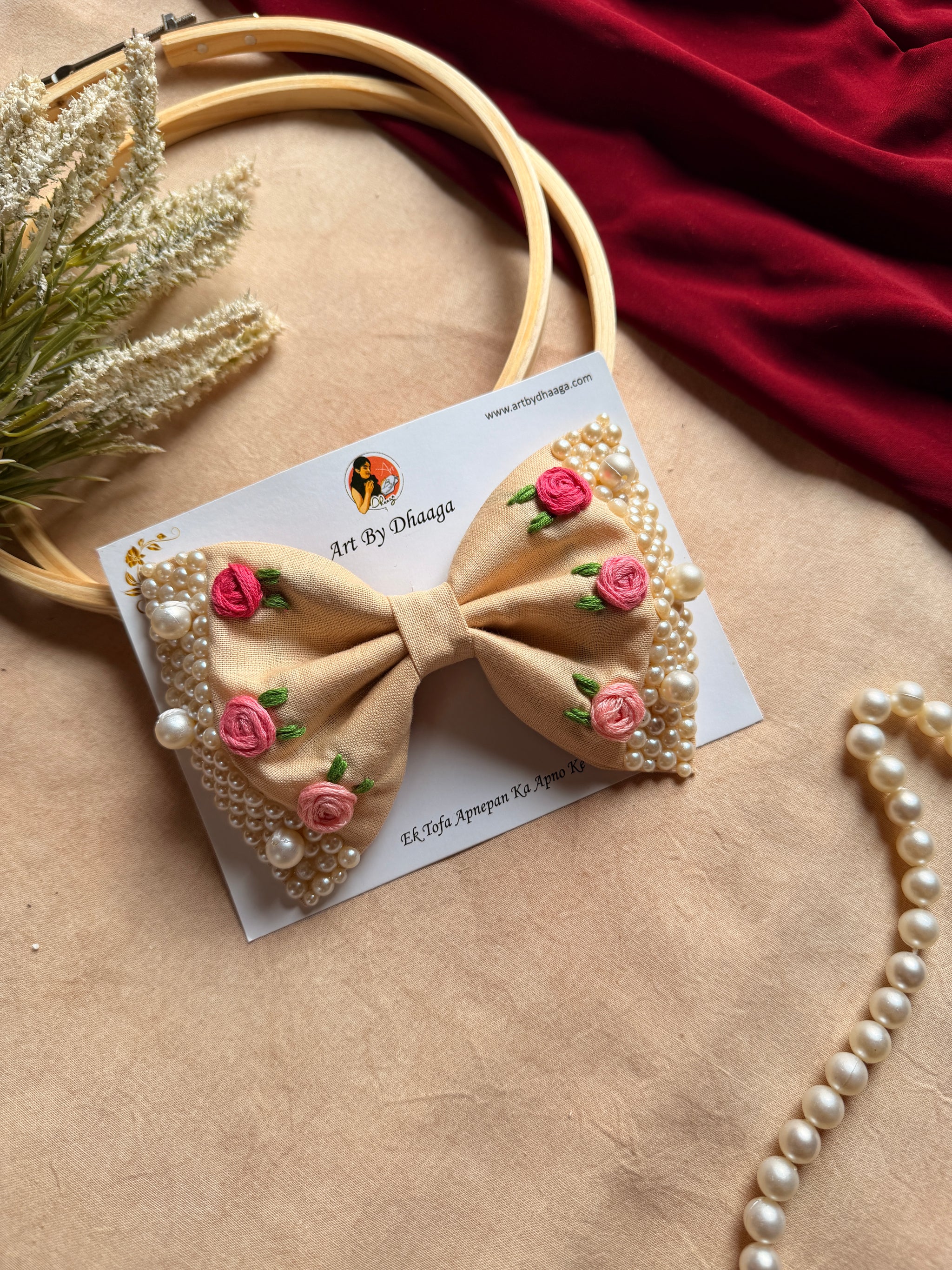 Beige Floral Noor Mini Pearl Bow