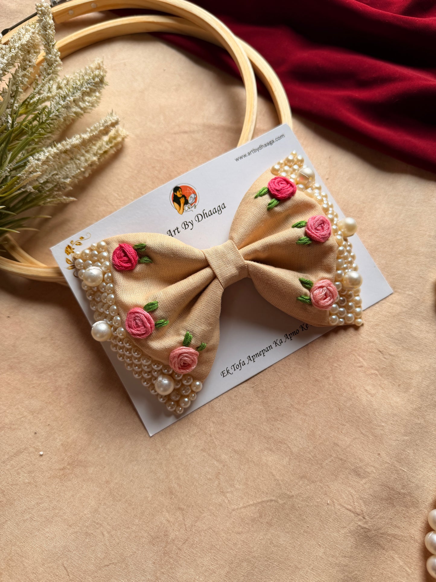 Beige Floral Noor Mini Pearl Bow