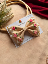 Beige Floral Noor Mini Pearl Bow