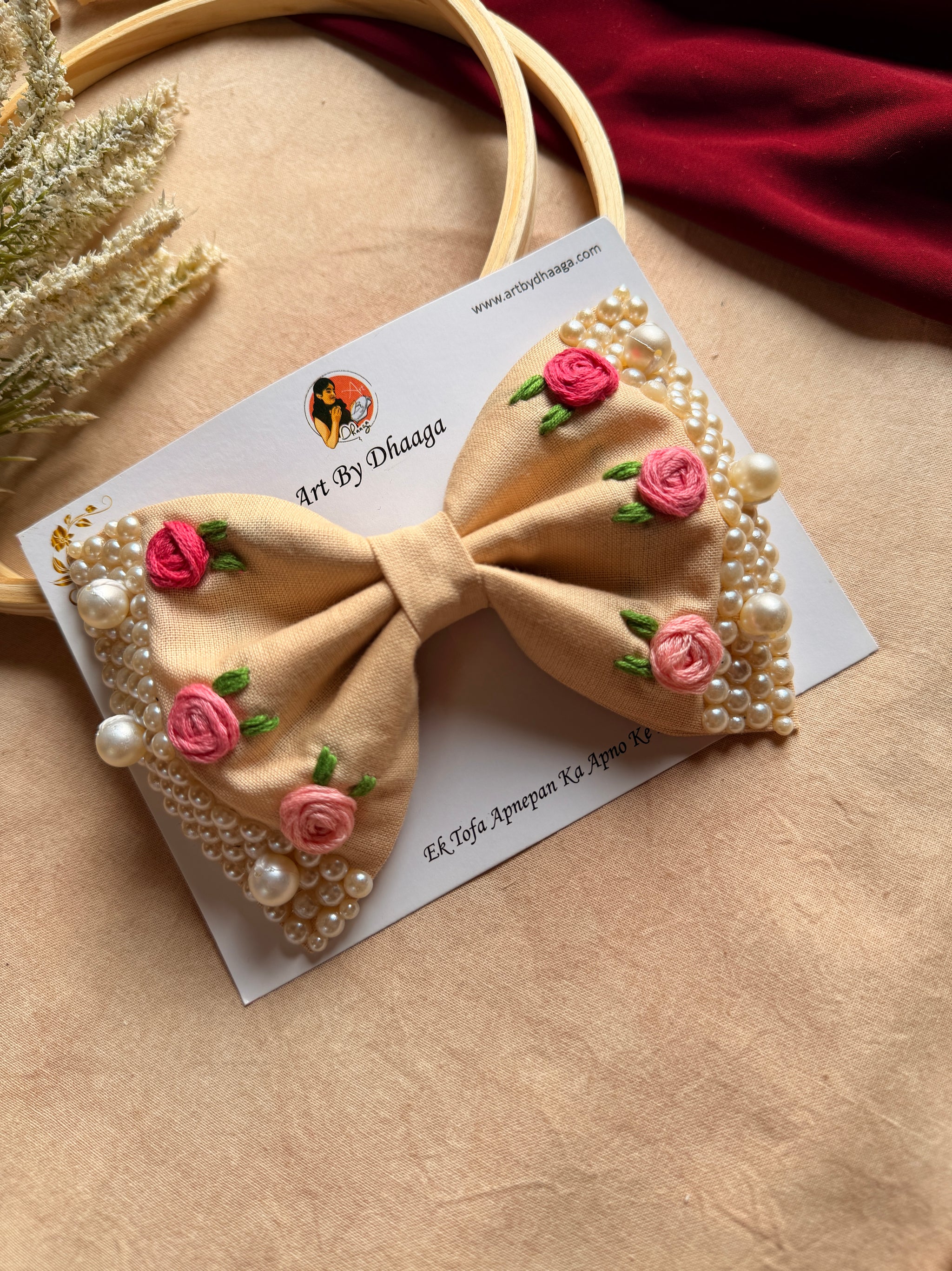 Beige Floral Noor Mini Pearl Bow
