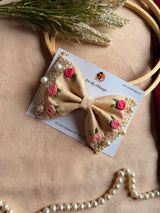 Beige Floral Noor Mini Pearl Bow