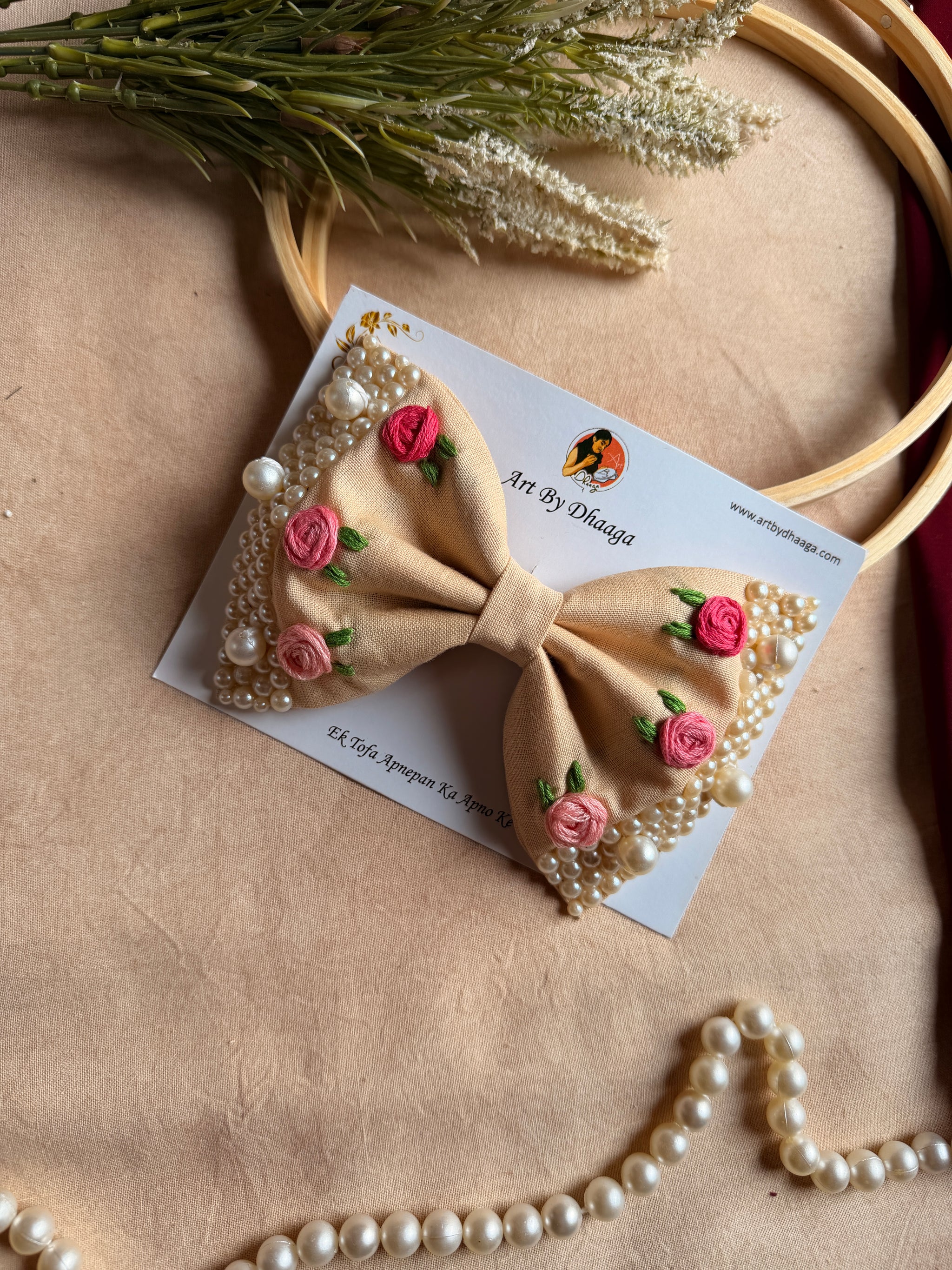 Beige Floral Noor Mini Pearl Bow