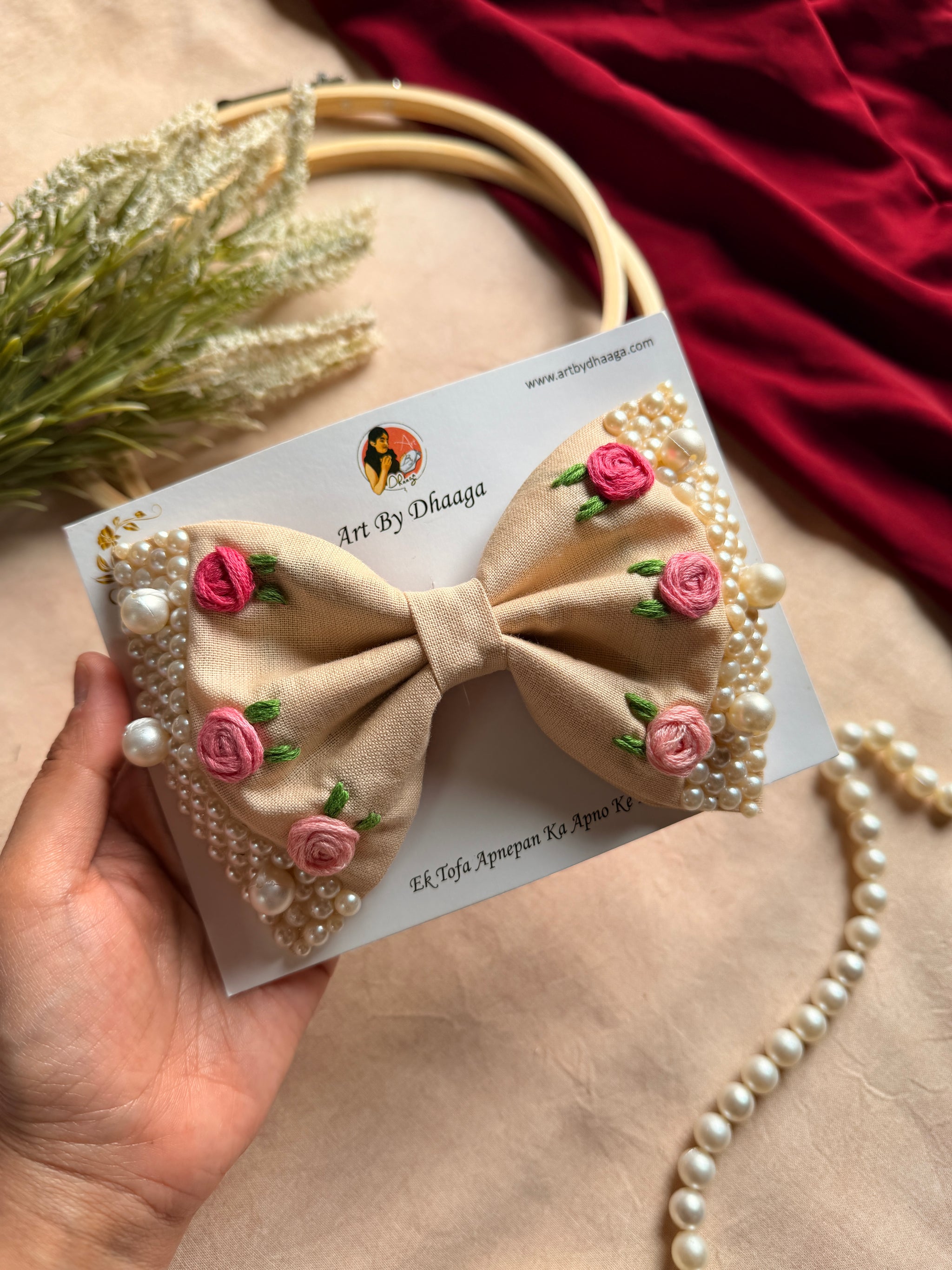 Beige Floral Noor Mini Pearl Bow