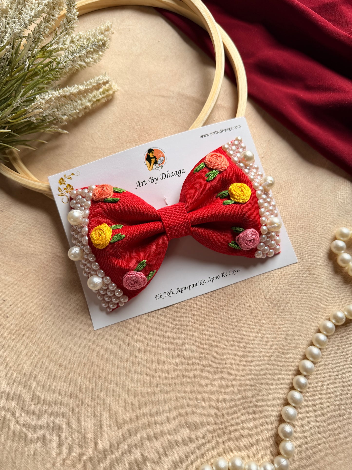 Floral Red Noor Mini Pearl Bow