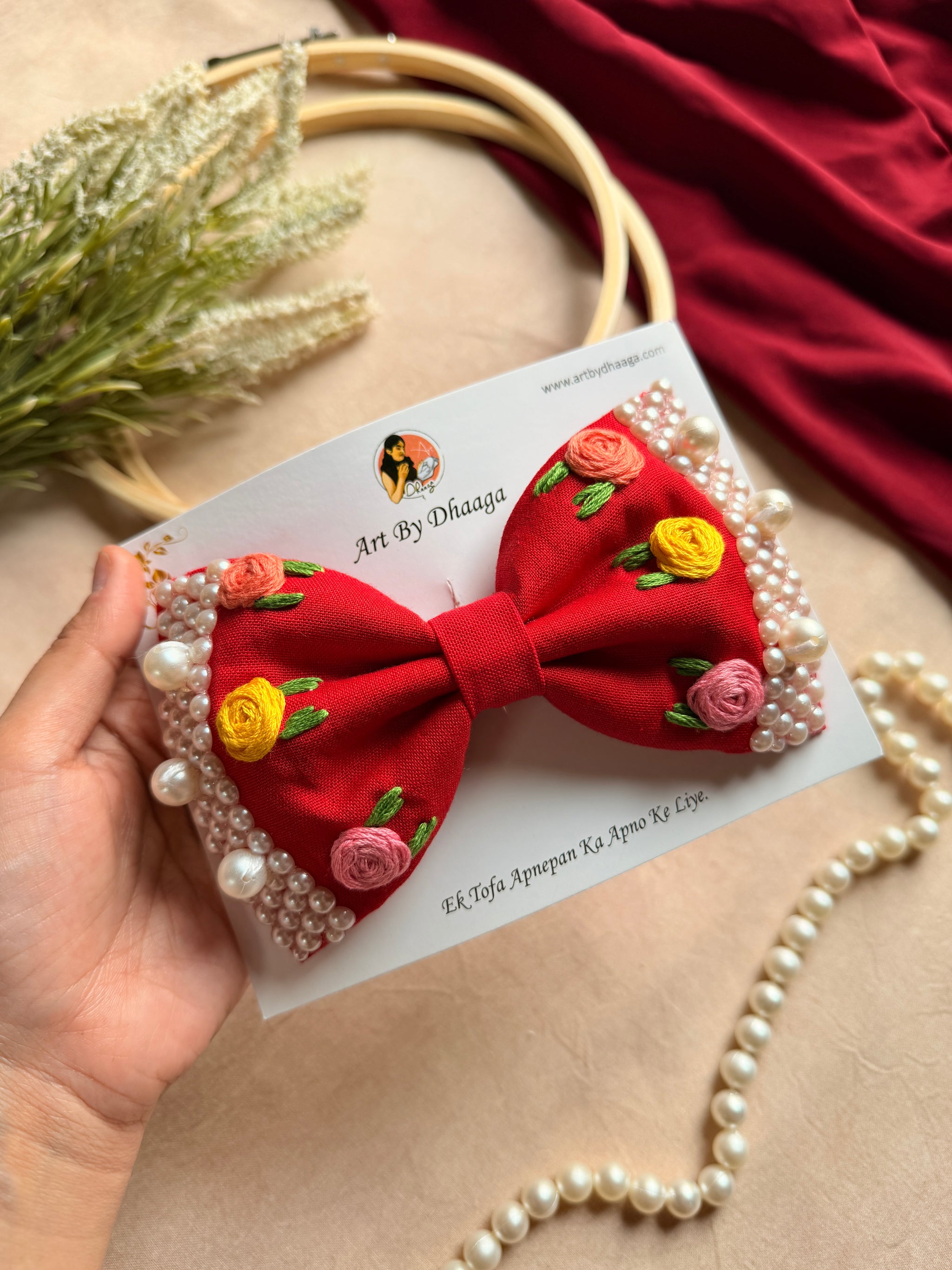 Floral Red Noor Mini Pearl Bow