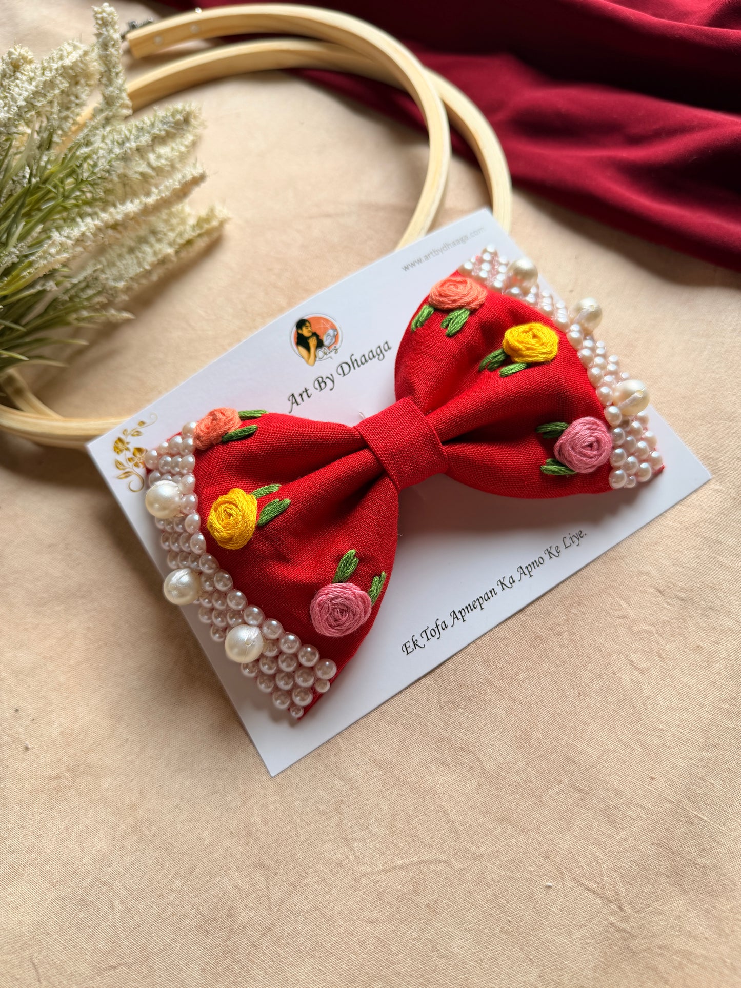 Floral Red Noor Mini Pearl Bow