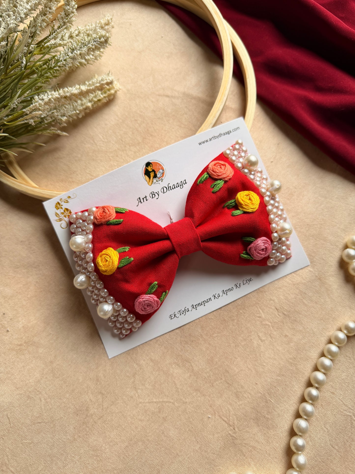 Floral Red Noor Mini Pearl Bow