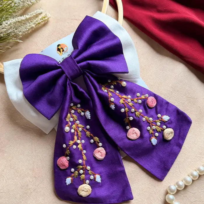 Aaradhya Hand Embroidered Floral Bow Hair Clip – Purple