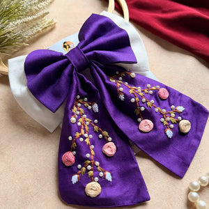 Aaradhya Hand Embroidered Floral Bow Hair Clip – Purple