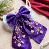 Aaradhya Hand Embroidered Floral Bow Hair Clip – Purple