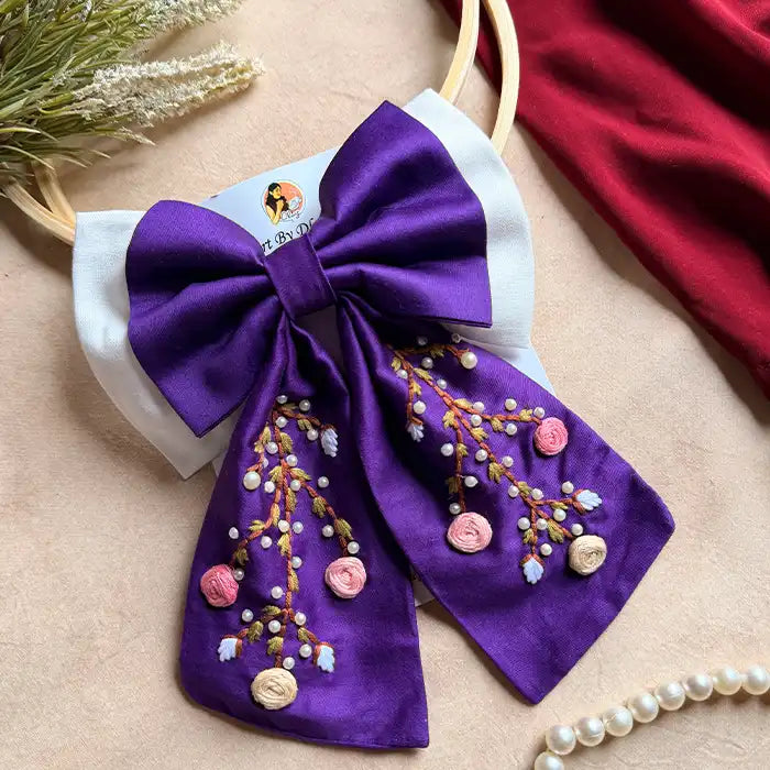 Aaradhya Hand Embroidered Floral Bow Hair Clip – Purple