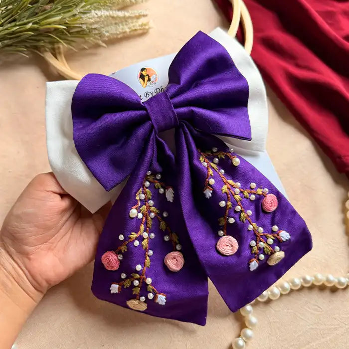 Aaradhya Hand Embroidered Floral Bow Hair Clip – Purple