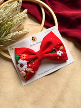 Juliet Red Hand Embroidered Floral Bow Hair Clip