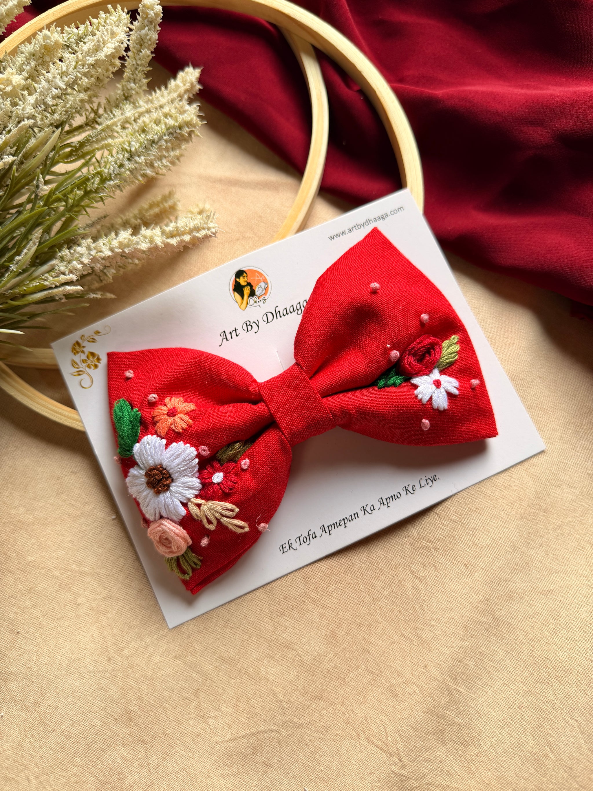 Juliet Red Hand Embroidered Floral Bow Hair Clip