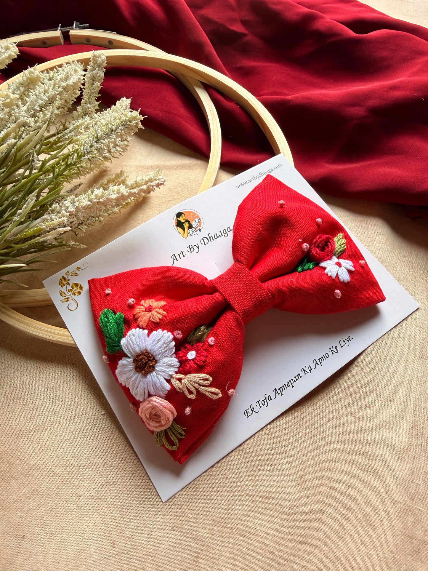 Juliet Red Hand Embroidered Floral Bow Hair Clip