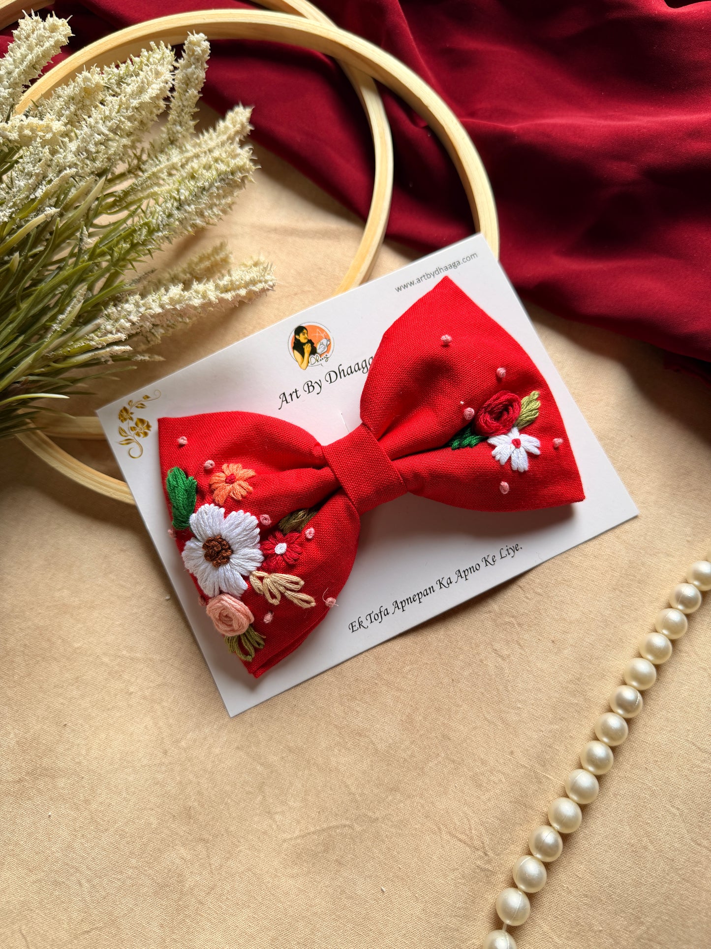 Juliet Red Hand Embroidered Floral Bow Hair Clip