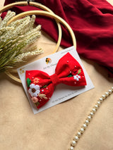 Juliet Red Hand Embroidered Floral Bow Hair Clip