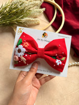 Juliet Red Hand Embroidered Floral Bow Hair Clip