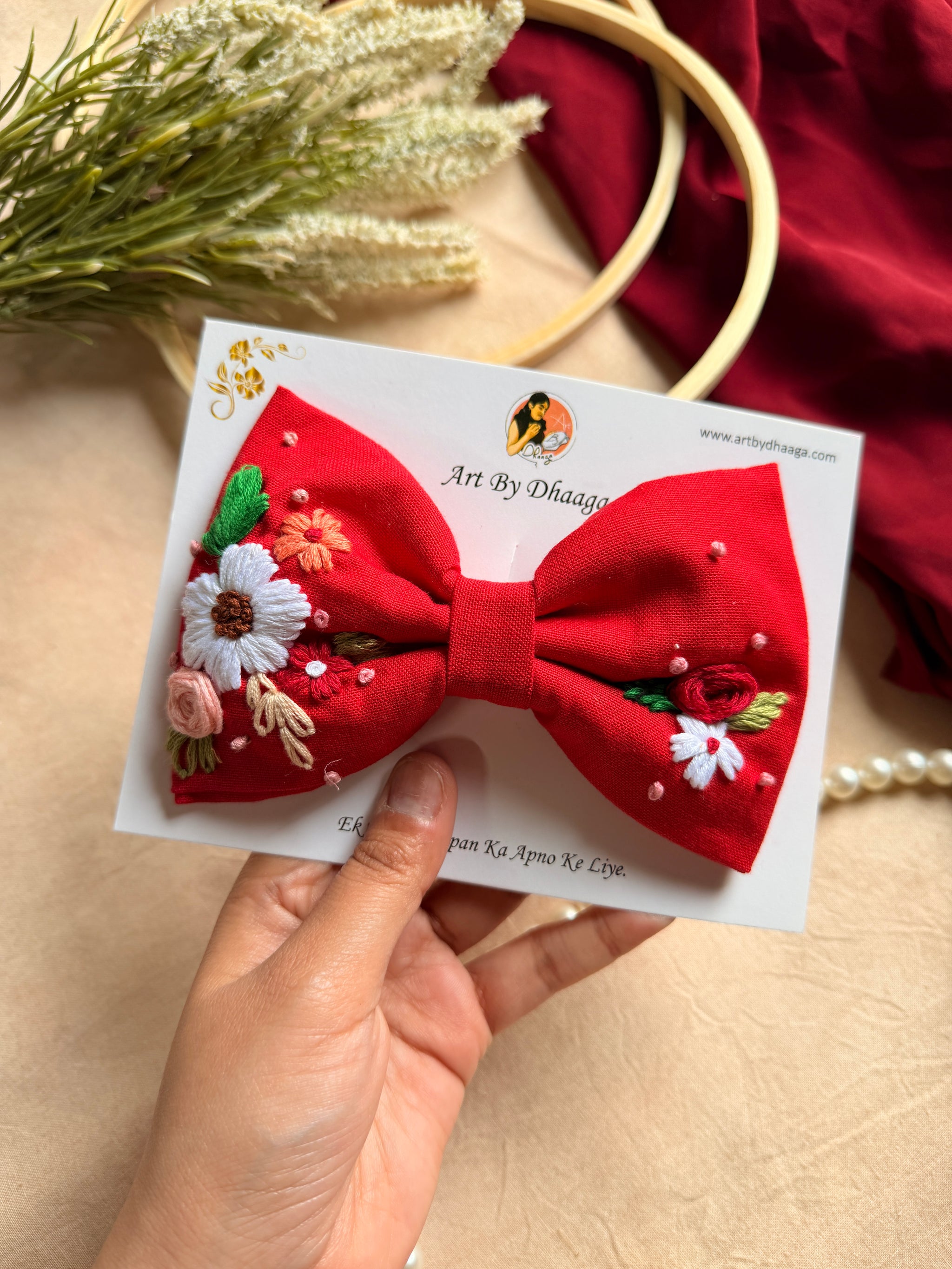 Juliet Red Hand Embroidered Floral Bow Hair Clip