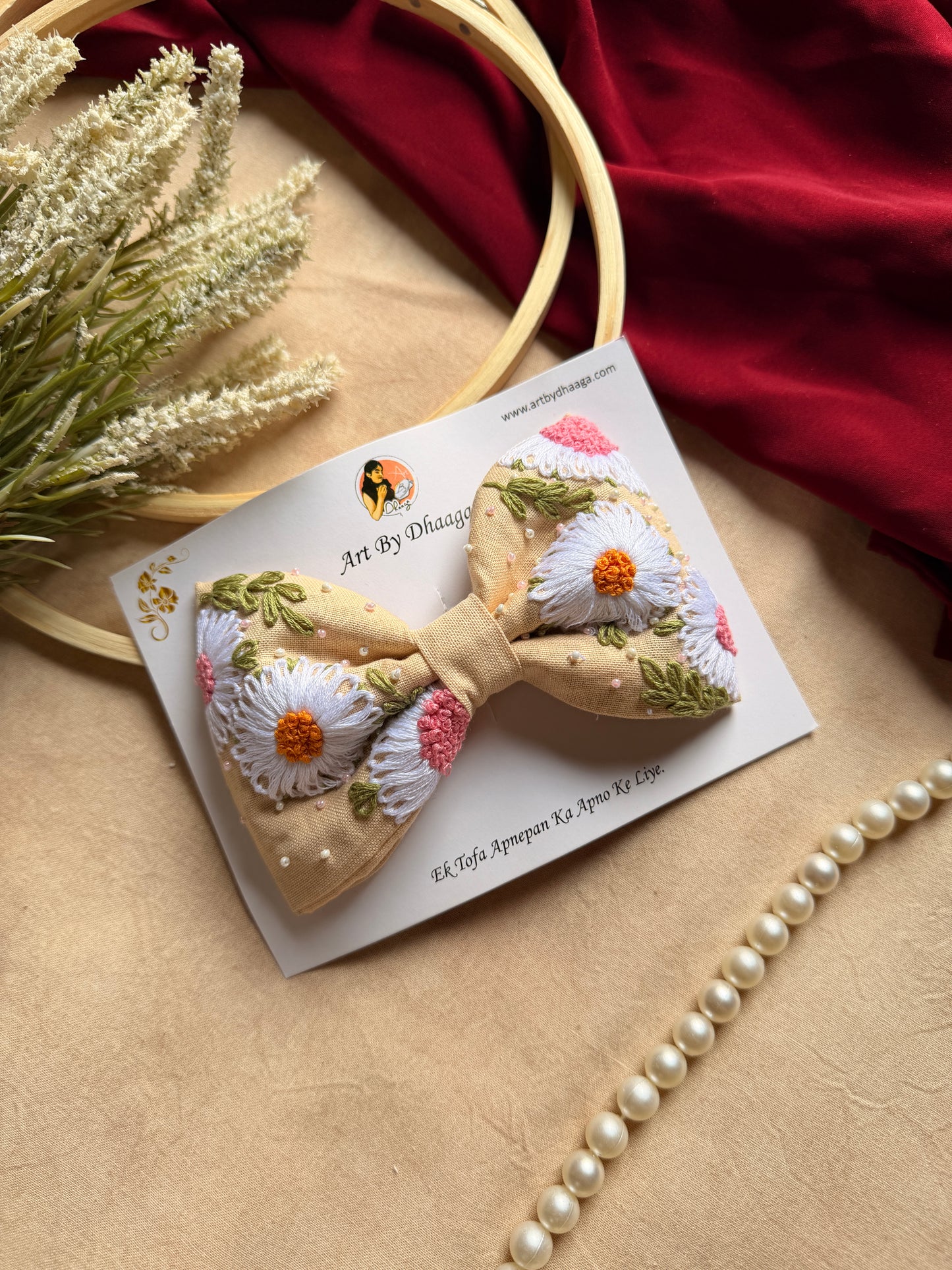 Aarya Beige Hand Embroidered Daisy Bow Hair Clip
