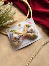 Aarya Beige Hand Embroidered Daisy Bow Hair Clip