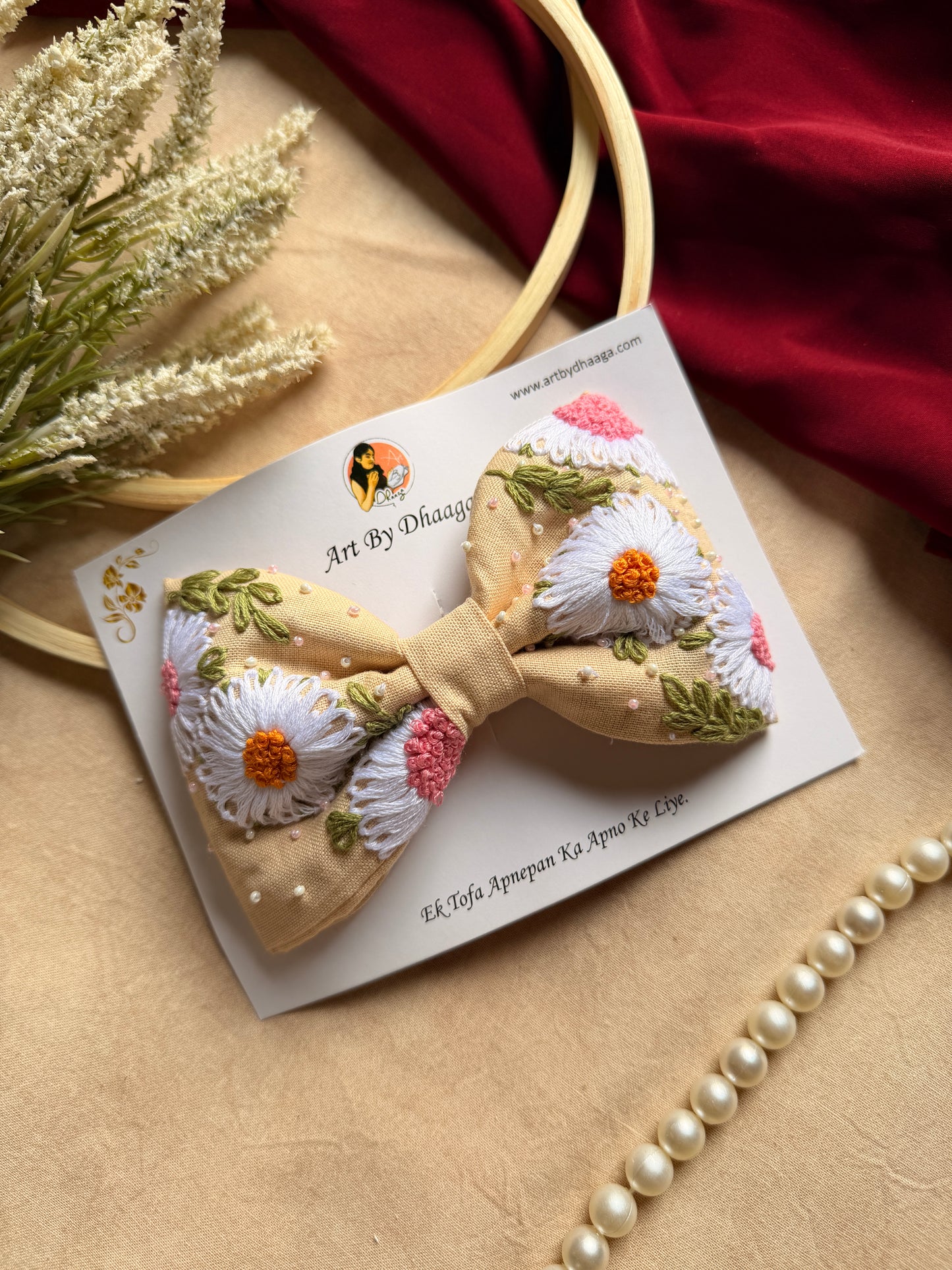 Aarya Beige Hand Embroidered Daisy Bow Hair Clip