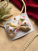 Aarya Beige Hand Embroidered Daisy Bow Hair Clip