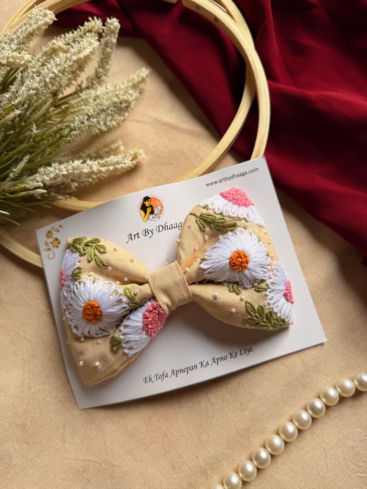 Aarya Beige Hand Embroidered Daisy Bow Hair Clip