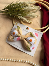 Aarya Beige Hand Embroidered Daisy Bow Hair Clip