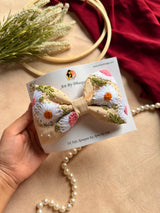 Aarya Beige Hand Embroidered Daisy Bow Hair Clip