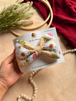 Aarya Beige Hand Embroidered Daisy Bow Hair Clip