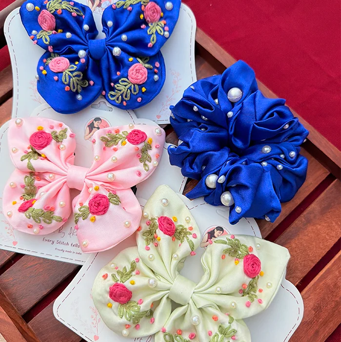Butterfly Hamper – Hand Embroidered Floral Bows & Pearl Scrunchie Gift Set