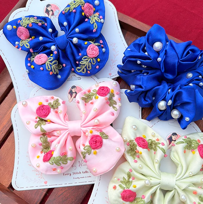 Butterfly Hamper – Hand Embroidered Floral Bows & Pearl Scrunchie Gift Set