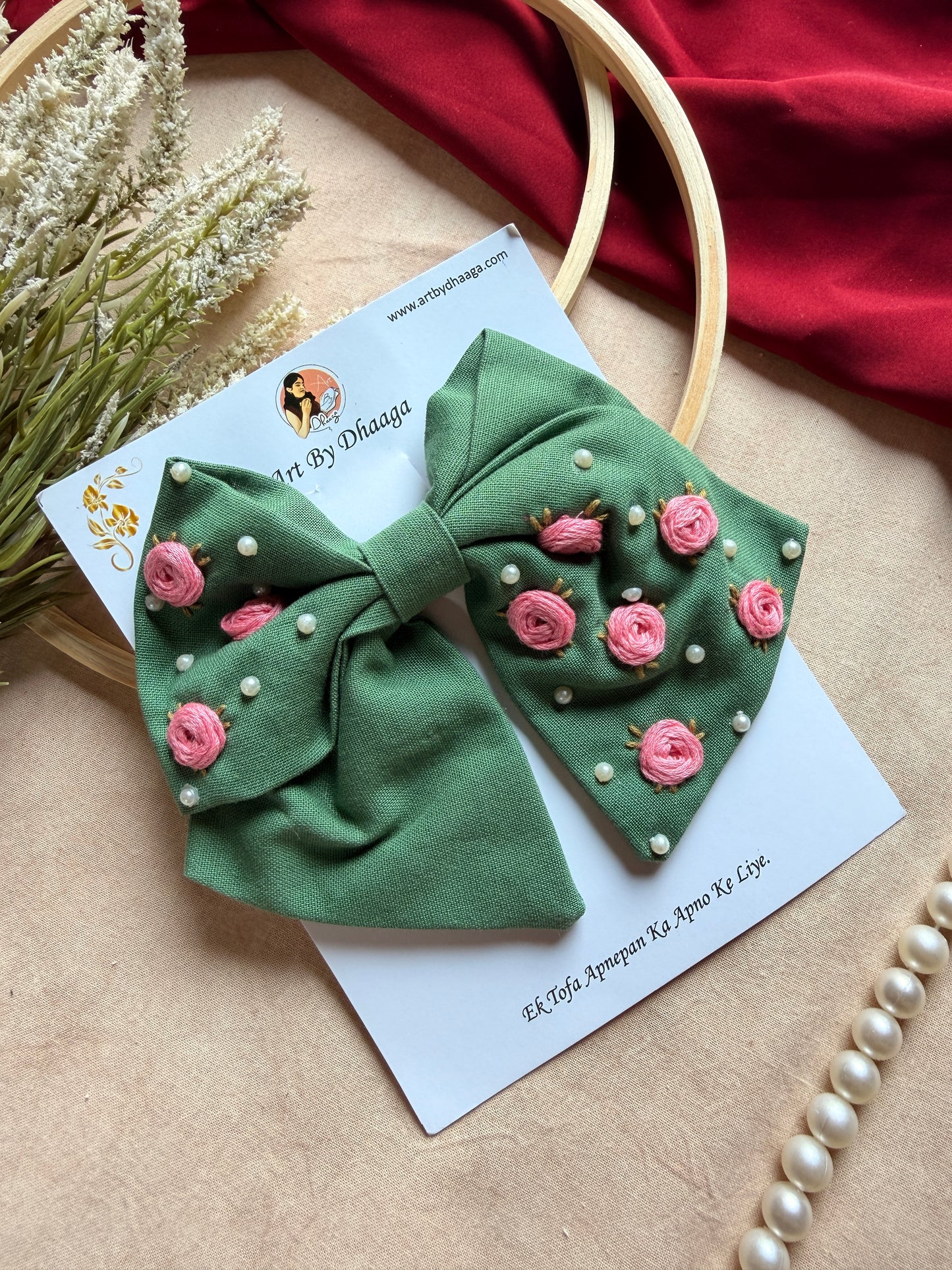Baby Bloom Green Hand Embroidered Floral Bow Hair Clip