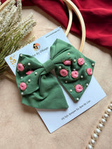 Baby Bloom Green Hand Embroidered Floral Bow Hair Clip