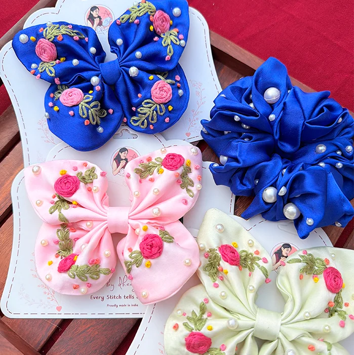 Butterfly Hamper – Hand Embroidered Floral Bows & Pearl Scrunchie Gift Set