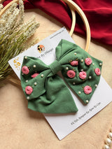 Baby Bloom Green Hand Embroidered Floral Bow Hair Clip