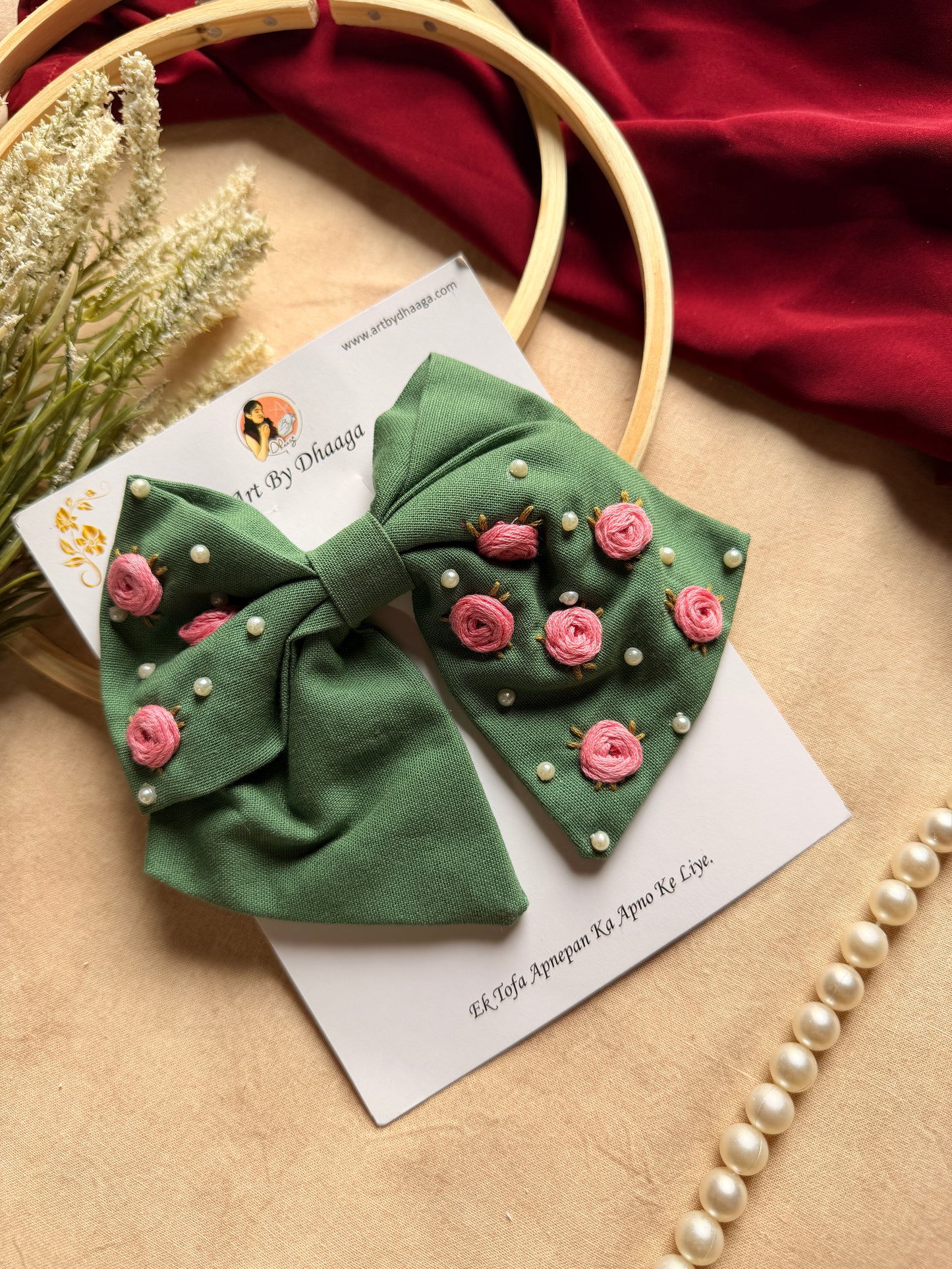 Baby Bloom Green Hand Embroidered Floral Bow Hair Clip