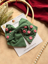 Baby Bloom Green Hand Embroidered Floral Bow Hair Clip