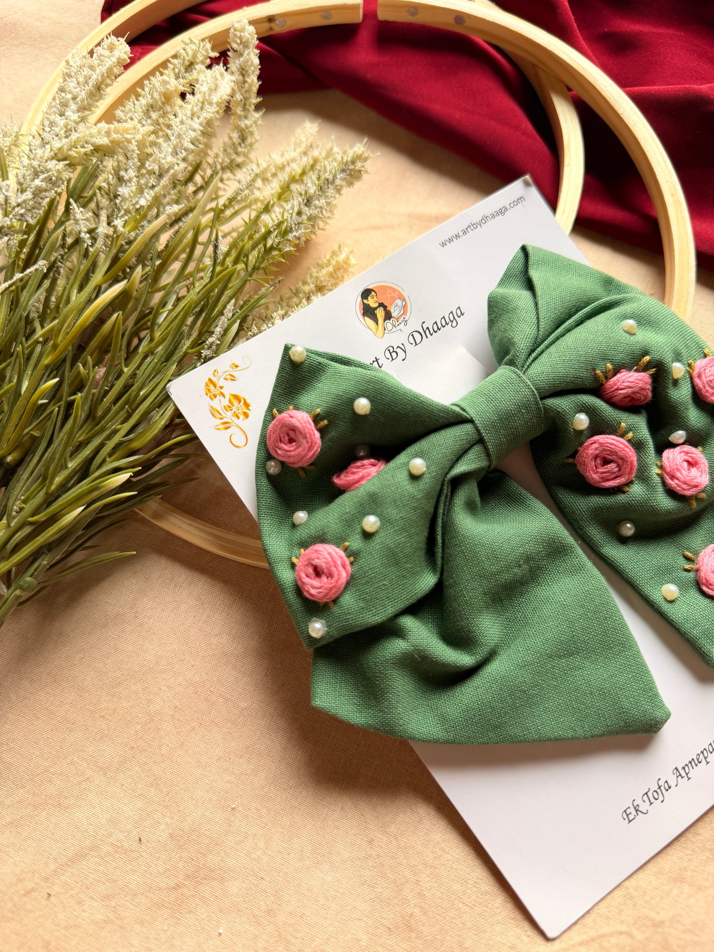 Baby Bloom Green Hand Embroidered Floral Bow Hair Clip