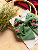 Baby Bloom Green Hand Embroidered Floral Bow Hair Clip