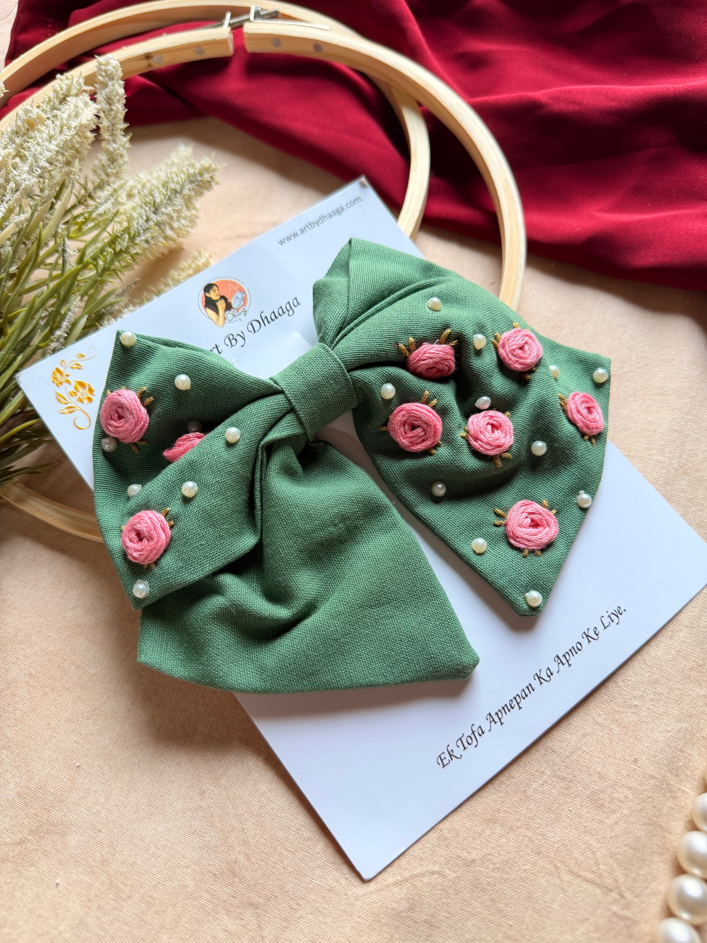 Baby Bloom Green Hand Embroidered Floral Bow Hair Clip