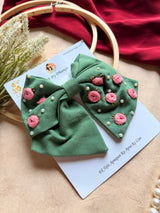 Baby Bloom Green Hand Embroidered Floral Bow Hair Clip