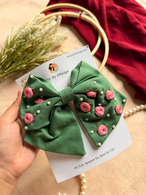 Baby Bloom Green Hand Embroidered Floral Bow Hair Clip