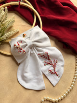 Cherry Blossom Hand Embroidered Bow Hair Clip – White