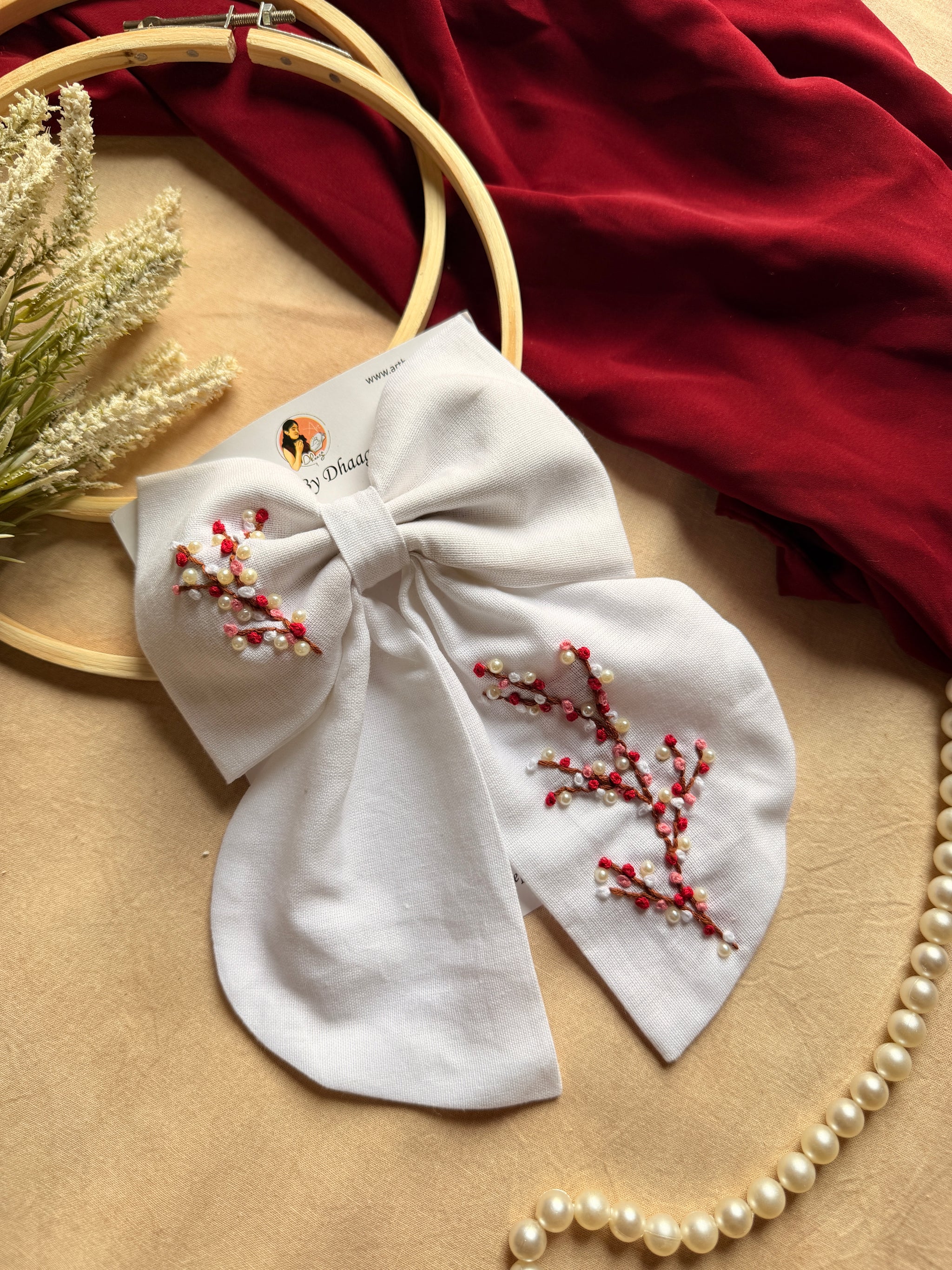 Cherry Blossom Hand Embroidered Bow Hair Clip – White