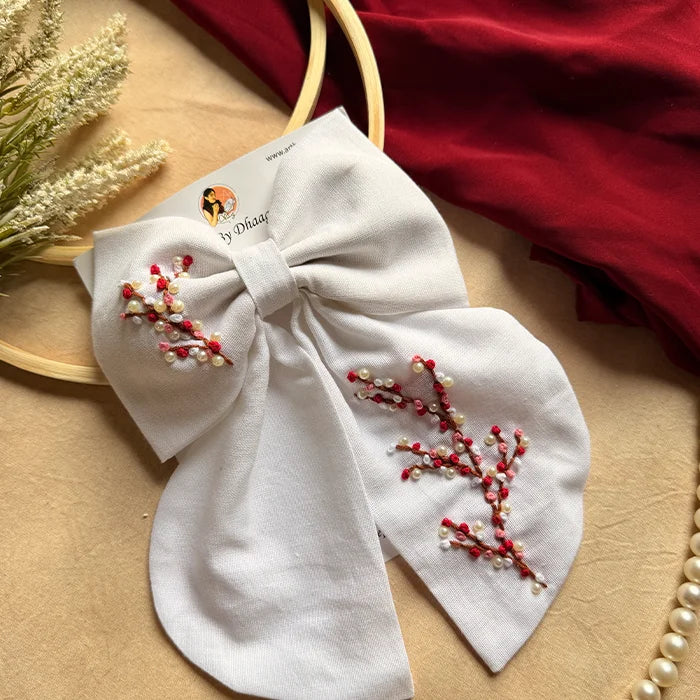Cherry Blossom Hand Embroidered Bow Hair Clip – White